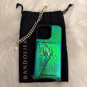Ariel Bandolier iPhone 15 Pro Max Case Wristlet - Iridescent Blue Green/Gold